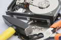 The disassembled hard drive next to the tools with which it was disassembled Royalty Free Stock Photo