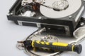 The disassembled hard drive next to the tools with which it was disassembled Royalty Free Stock Photo