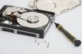 The disassembled hard drive next to the tools with which it was disassembled Royalty Free Stock Photo