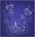 Disassembled motorcycle engine on a blue Royalty Free Stock Photo