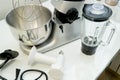Disassembled multifunctional food processor on kitchen countertops. Modern Liquidiser. Smoothie Maker