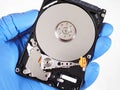 Disassembled open computer PC hard drive HDD close-up. The device holds a hand in a blue rubber glove. White background, not