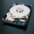A disassembled open hard disk drive HDD of a computer or laptop close-up. Device lies on a dark matte surface. Square tinted