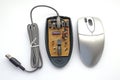 Disassembled optical computer mouse on white background