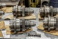 Disassembled spindles of cnc machines for repair in a metalworking equipment repair workshop