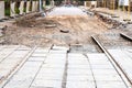 disassembled tram road and laying of new rails Royalty Free Stock Photo