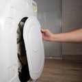 Disassembling the washing machine to repair it. Removing the back cover of the washing machine, repair services. Copy Royalty Free Stock Photo