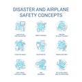 Disaster and airplane safety turquoise concept icons set