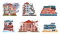 Disaster damages buildings. Different natural catastrophes, broken city destructive houses facades, earthquake, flood Royalty Free Stock Photo