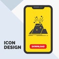 disaster, eruption, volcano, alert, safety Glyph Icon in Mobile for Download Page. Yellow Background