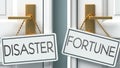 Disaster and fortune as a choice - pictured as words Disaster, fortune on doors to show that Disaster and fortune are opposite