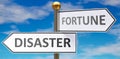 Disaster and fortune as different choices in life - pictured as words Disaster, fortune on road signs pointing at opposite ways to