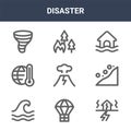 9 disaster icons pack. trendy disaster icons on white background. thin outline line icons such as earthquake, landslide, burning