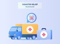 Disaster relief concept truck van carry medical device with flat cartoon style