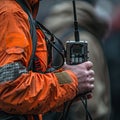 Disaster response coordinator holding a walkie-talkie during a crisis situation