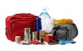 Disaster supply kit for earthquake on background