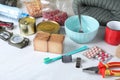 Disaster supply kit for earthquake on white wooden table Royalty Free Stock Photo