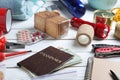 Disaster supply kit for earthquake on white wooden table Royalty Free Stock Photo