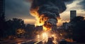 Disaster in the Twilight. A Cityscape Engulfed by Fire and Storms. Generative AI