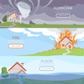 Disaster weather banners. Tsunami volcano wind storm rain house damage from lightening vector pictures with place for