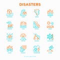 Disasters thin line icons set: earthquake, tsunami, tornado, hurricane, flood, landslide, drought, snowfall, eruption,