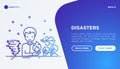 Disasters web page template with thin line icons: tornado, hurricane, thunderstorm. Vector illustration