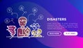Disasters web page template with thin line icons: tornado, hurricane, thunderstorm. Vector illustration on gradient background