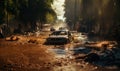 A disastrous flood, sweeping cars, caused by natural phenomena