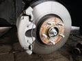 Disc brake on car in process of new tire replacement. The rim is removed showing the rotor and caliper.close up Royalty Free Stock Photo