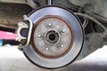 Disc brake of the vehicle for repair,Seal a leaking car tire.Car brake repairing in garage