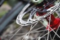 disc brakes on a bicycle wheel close-up. mountain bike detail close up Royalty Free Stock Photo