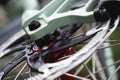 disc brakes on a bicycle wheel close-up. mountain bike detail close up Royalty Free Stock Photo