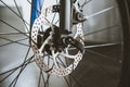 Disc brakes and front wheel of road bike Royalty Free Stock Photo