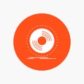 Disc, dj, phonograph, record, vinyl White Glyph Icon in Circle. Vector Button illustration
