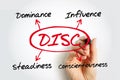 DISC, Dominance, Influence, Steadiness, Conscientiousness, acronym with marker, personal assessment tool to improve work