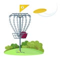Disc golf basket with yellow flying frisbee disk Royalty Free Stock Photo