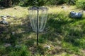 Disc golf cage target, with chains, in a grassy field Royalty Free Stock Photo