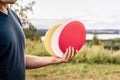 Disc golf. Discgolf or ultimate equipment. Park course and nature landscape. Throwing to target, goal or basket. Sport tournament. Royalty Free Stock Photo