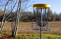 Disc golf, sports and hobbies in outdoor. Beautiful game. Autumn morning Royalty Free Stock Photo