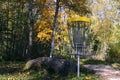 Disc golf, sports and hobbies in outdoor. Beautiful game. Autumn morning Royalty Free Stock Photo