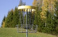 Disc golf, sports and hobbies in outdoor. Beautiful game. Autumn morning Royalty Free Stock Photo