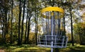 Disc golf, sports and hobbies in outdoor. Beautiful game. Autumn morning Royalty Free Stock Photo