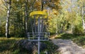 Disc golf, sports and hobbies in outdoor. Beautiful game. Autumn morning Royalty Free Stock Photo