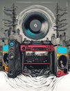 Music recording studio and dj setup with turntables and technical equipment in the nature in illustrative style - ai