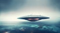 Disc-shaped UFO hovering low above the ocean. Big flying saucer with glowing lights in windows. Alien craft. Generative AI