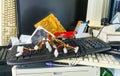 Discarded computer spare parts. E-waste pile detail from hardware