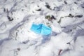 Discarded coronavirus single-use face masks in winter,