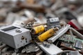 Discarded electronic waste at recycling facility showcases various outdated devices and components Royalty Free Stock Photo