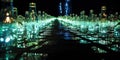 Discarded glass bottles turned into a glowing path, illuminated from below during the night, concept of Recycled pathway