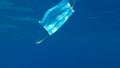 Discarded medical face mask slowly drifts under surface of blue water, tropical fish taste the mask. Indo-Pacific sergeant or Serg